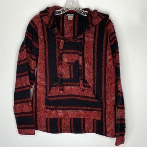 Earthbound Mexican Baja Red Black Hooded Sweatshirt Poncho Men's Small